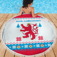 Luxembourg Christmas Beach Blanket with Red Lion Crest and Snowflake Pattern