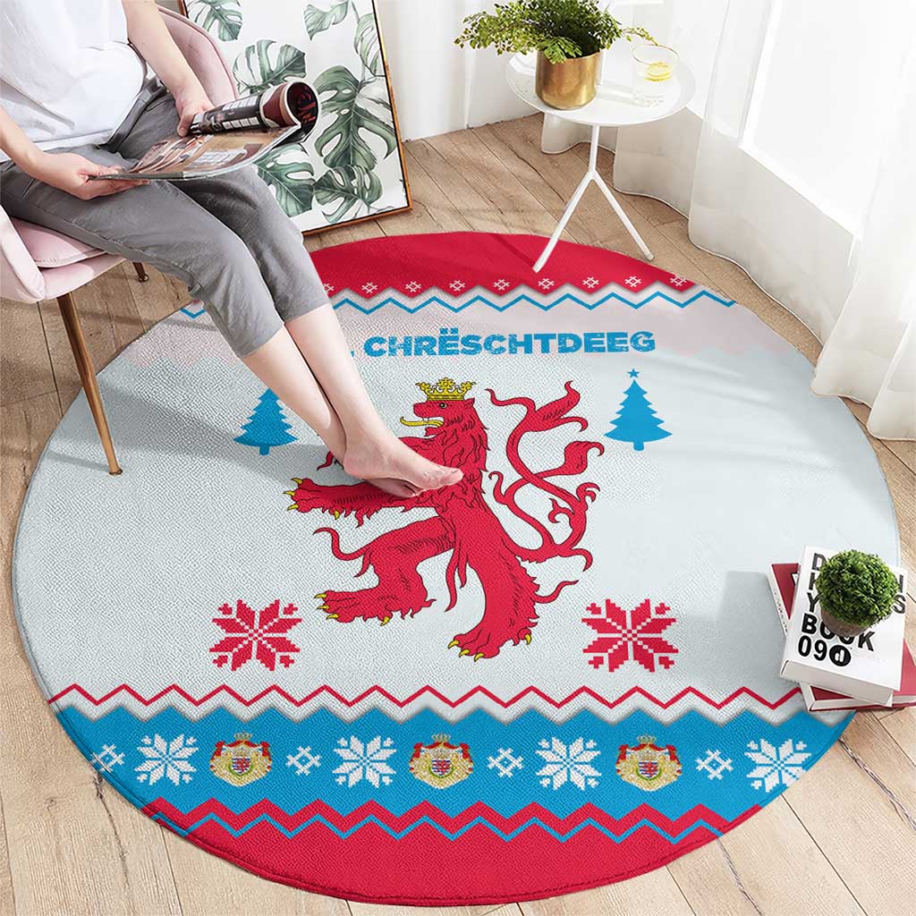 Luxembourg Christmas Round Carpet with Red Lion Crest and Snowflake Pattern