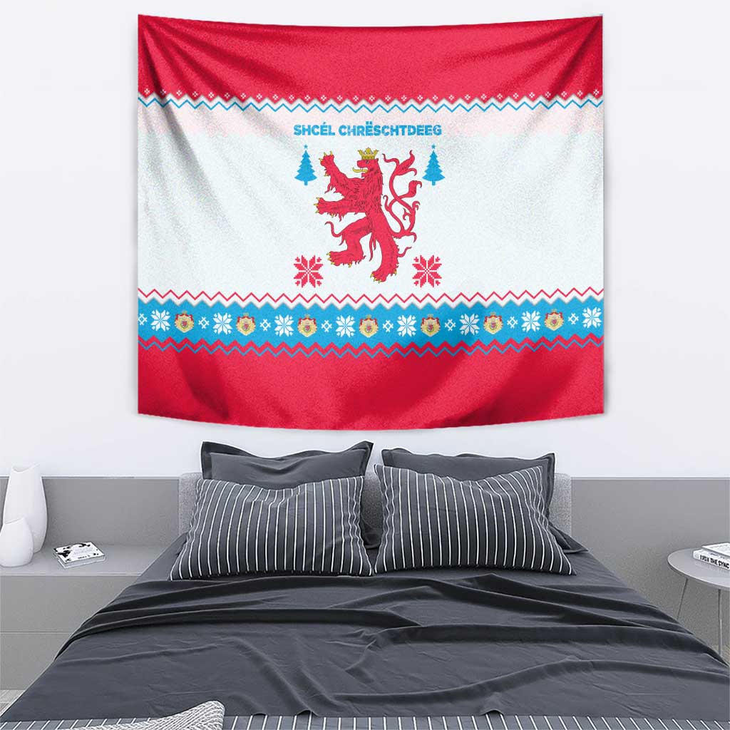 Luxembourg Christmas Tapestry with Red Lion Crest and Snowflake Pattern