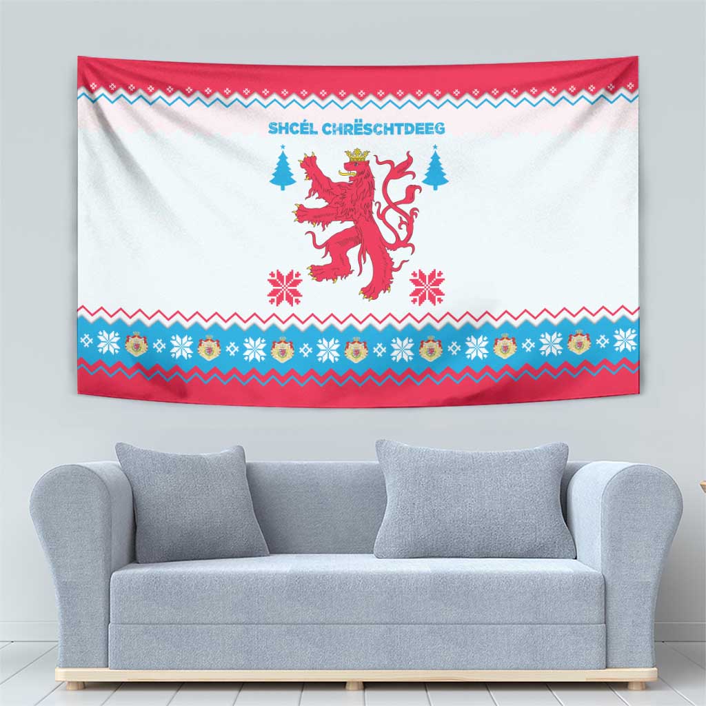 Luxembourg Christmas Tapestry with Red Lion Crest and Snowflake Pattern