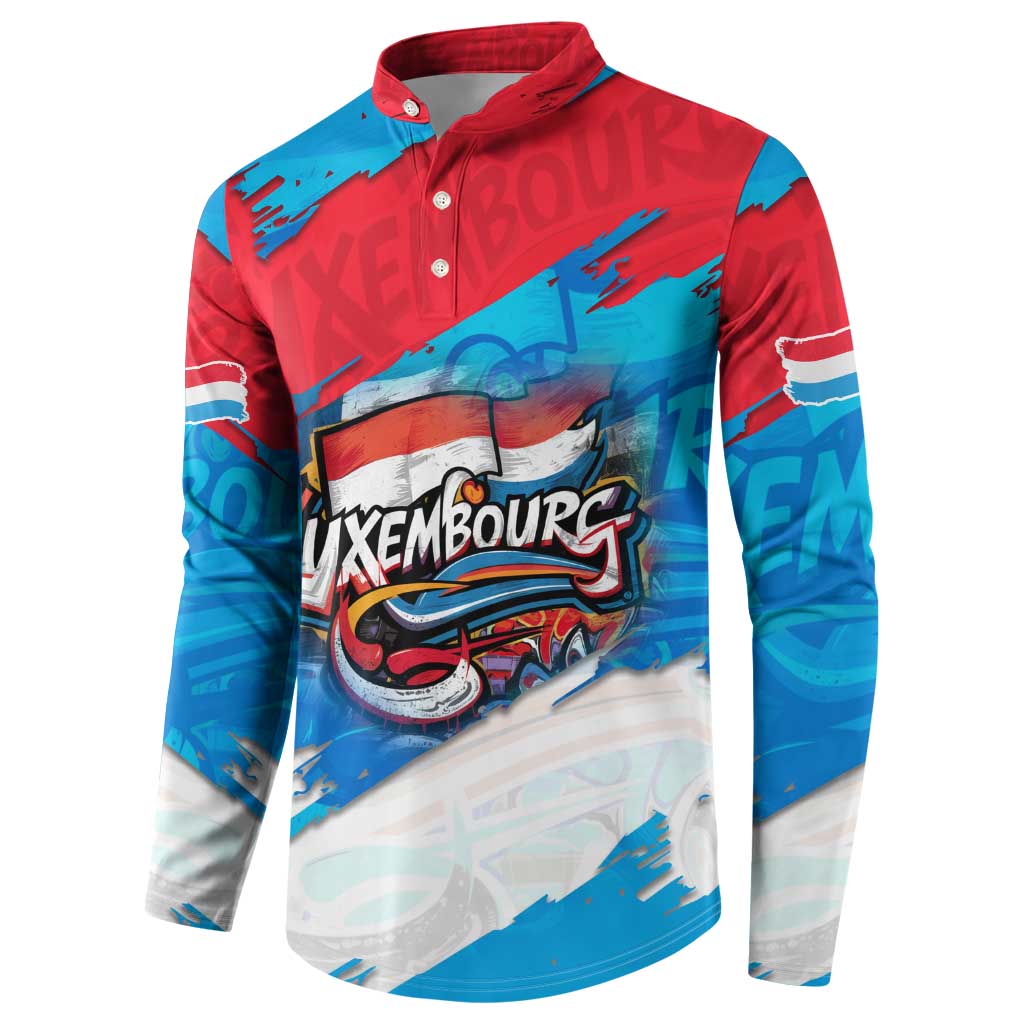 Button-front sweatshirt with bold Luxembourg graffiti logo and blue/red color blocks