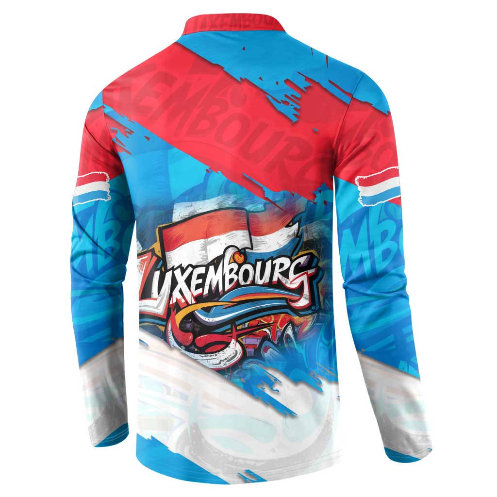 Back view button-front sweatshirt with Luxembourg street-art graphic and striped cuff details