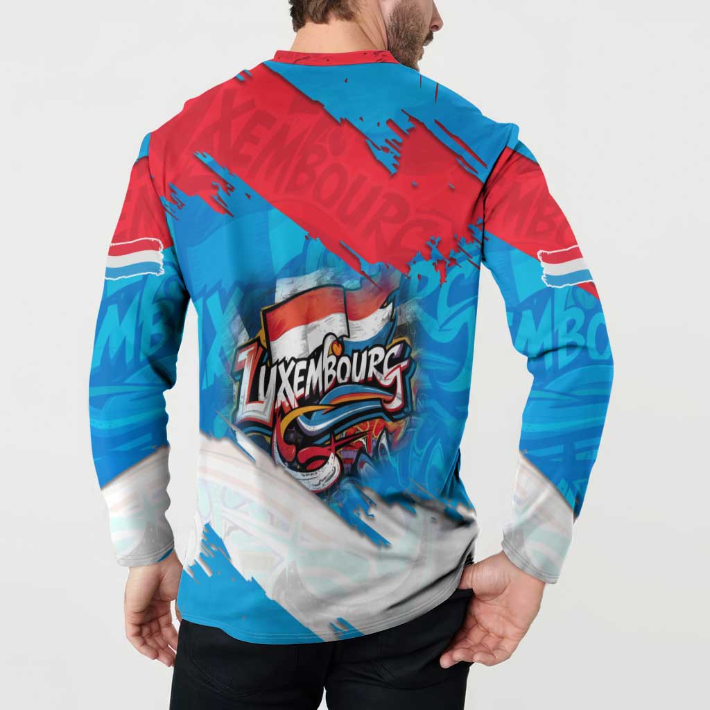 Back button-front sweatshirt with large Luxembourg graffiti emblem and diagonal stripe accents