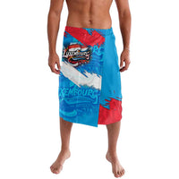 Graffiti-print board shorts with blue, red, and white Luxembourg flag design