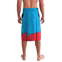 Blue and red graffiti board shorts with elastic waistband and straight hem