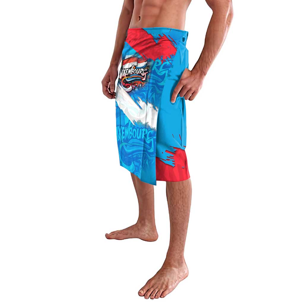 Graffiti-print blue red shorts with diagonal white stripe and Luxembourg lettering