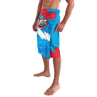 Graffiti-print blue red shorts with diagonal white stripe and Luxembourg lettering