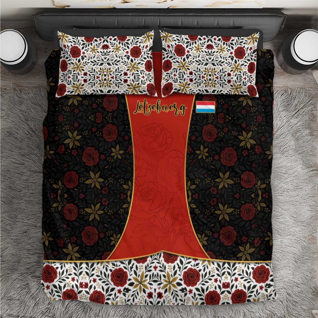 Floral folk embroidered bedding set with red, black, and white patterned duvet and pillows