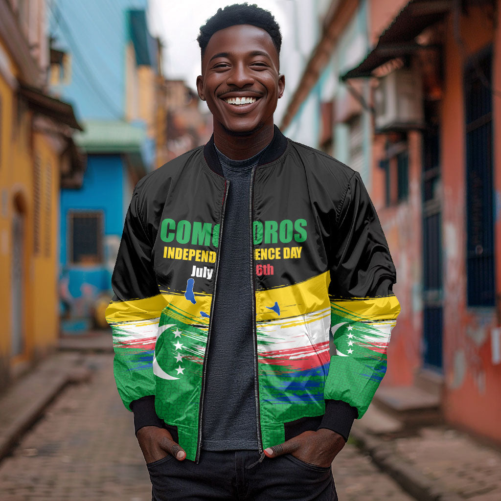 Comoros Independence Day Bomber Jacket Comorian Flag Brush Stroke National Pride Graphic