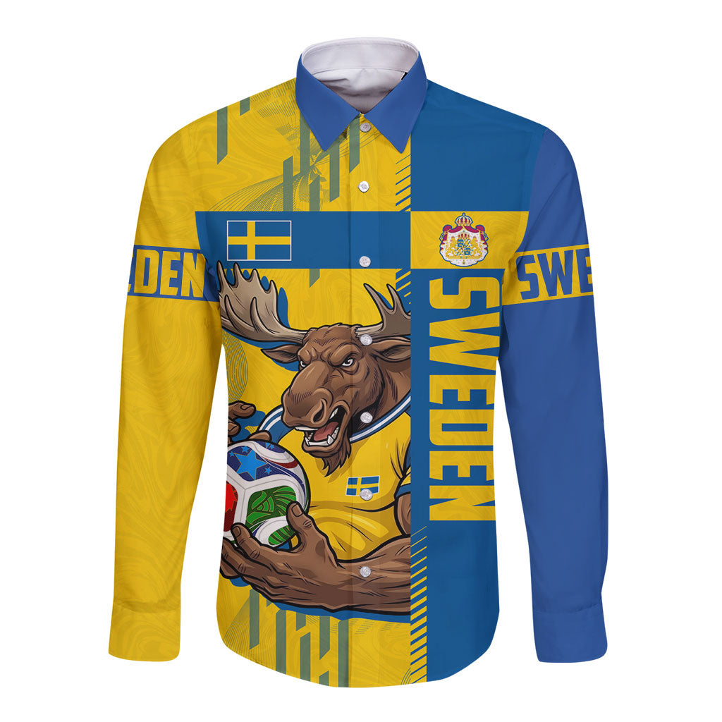 Personalized Sweden Soccer Long Sleeve Button Shirt Swedish Flag - Moose Football Mascot