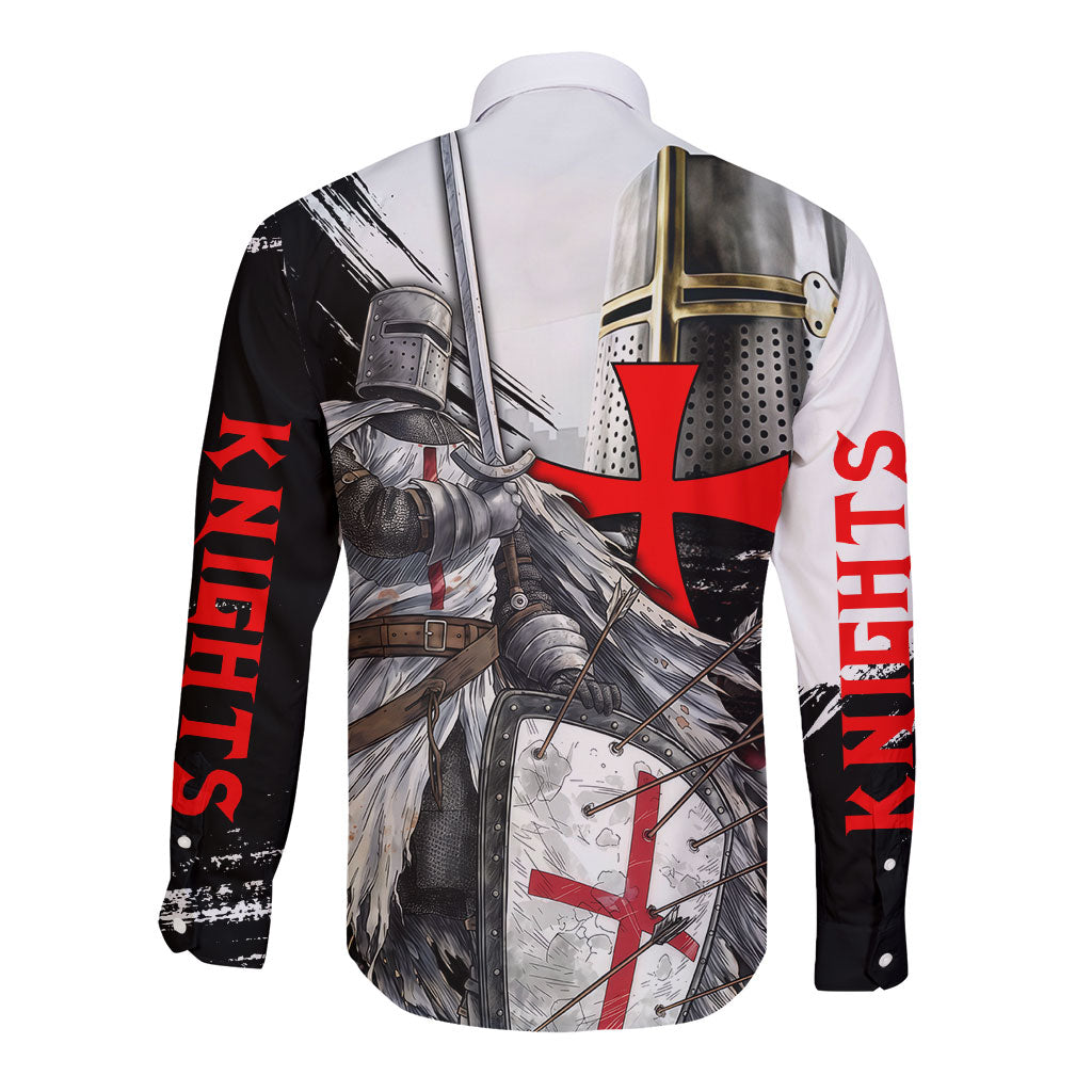 Knights Templar Crusader Long Sleeve Button Shirt Medieval Armor Red Cross Shield