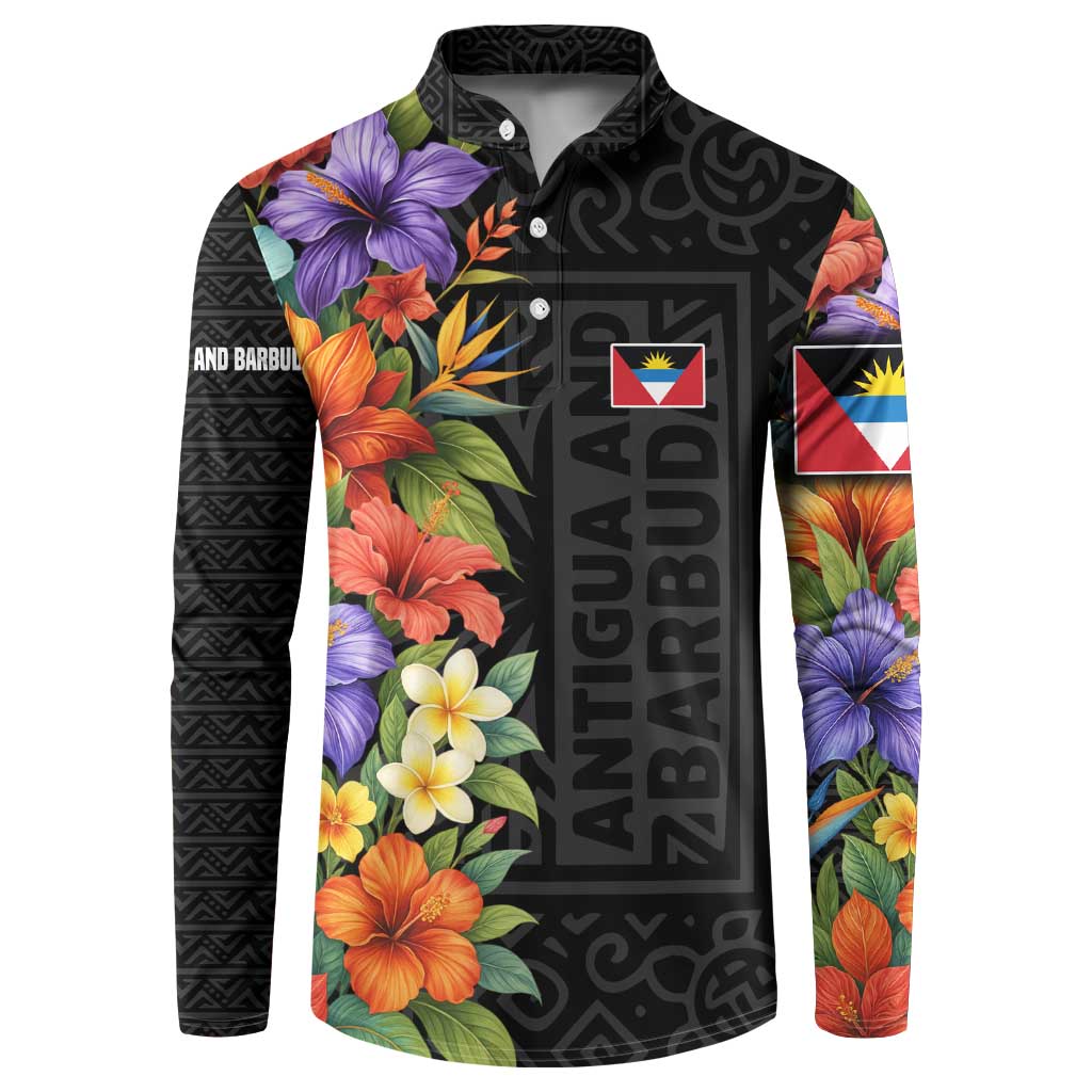 Antigua and Barbuda Floral Button Sweatshirt with Tropical Hibiscus with National Flag - Wonder Print Shop