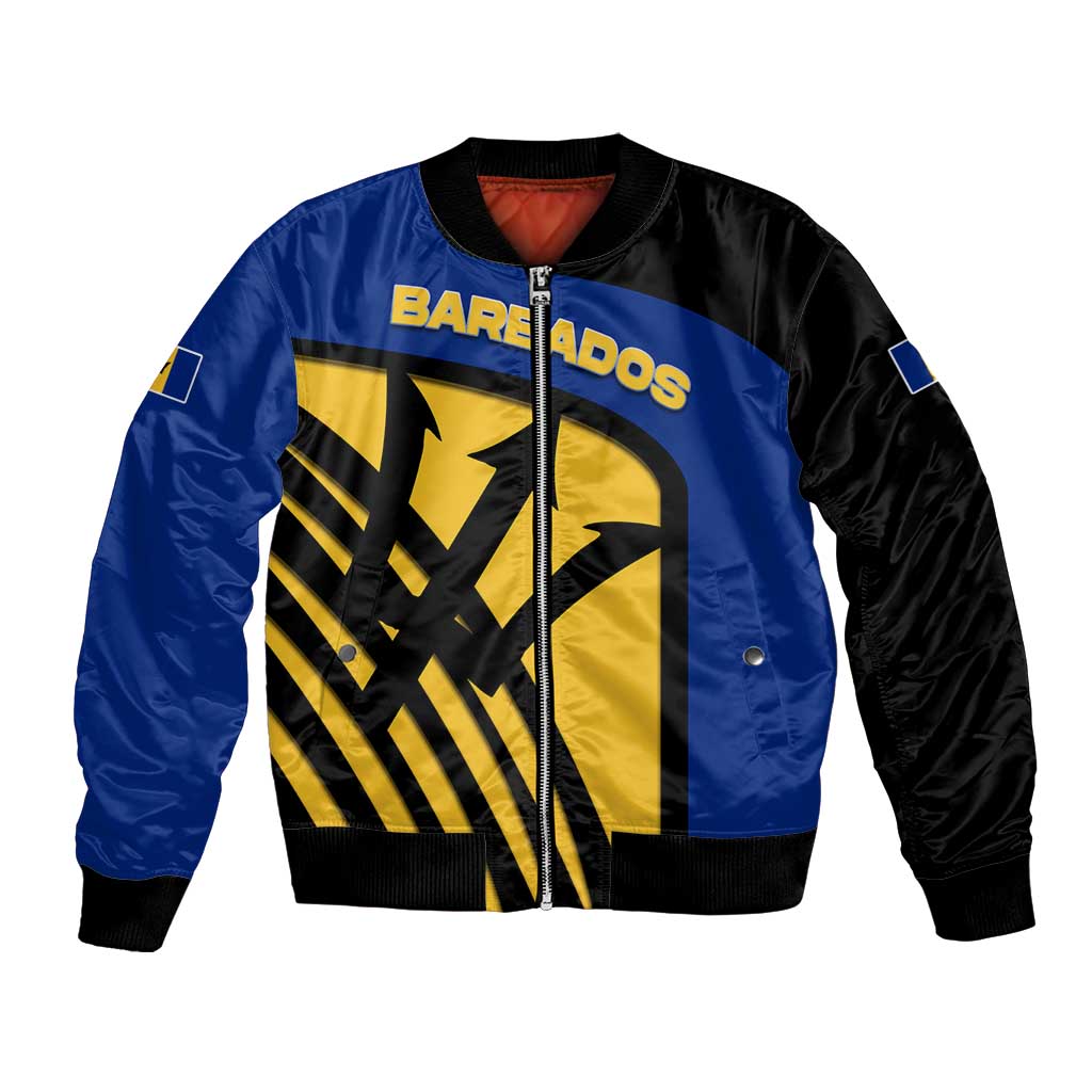 Barbados Flag and Coat of Arms Bomber Jacket Blue Yellow Black Design with National Symbols - Wonder Print Shop