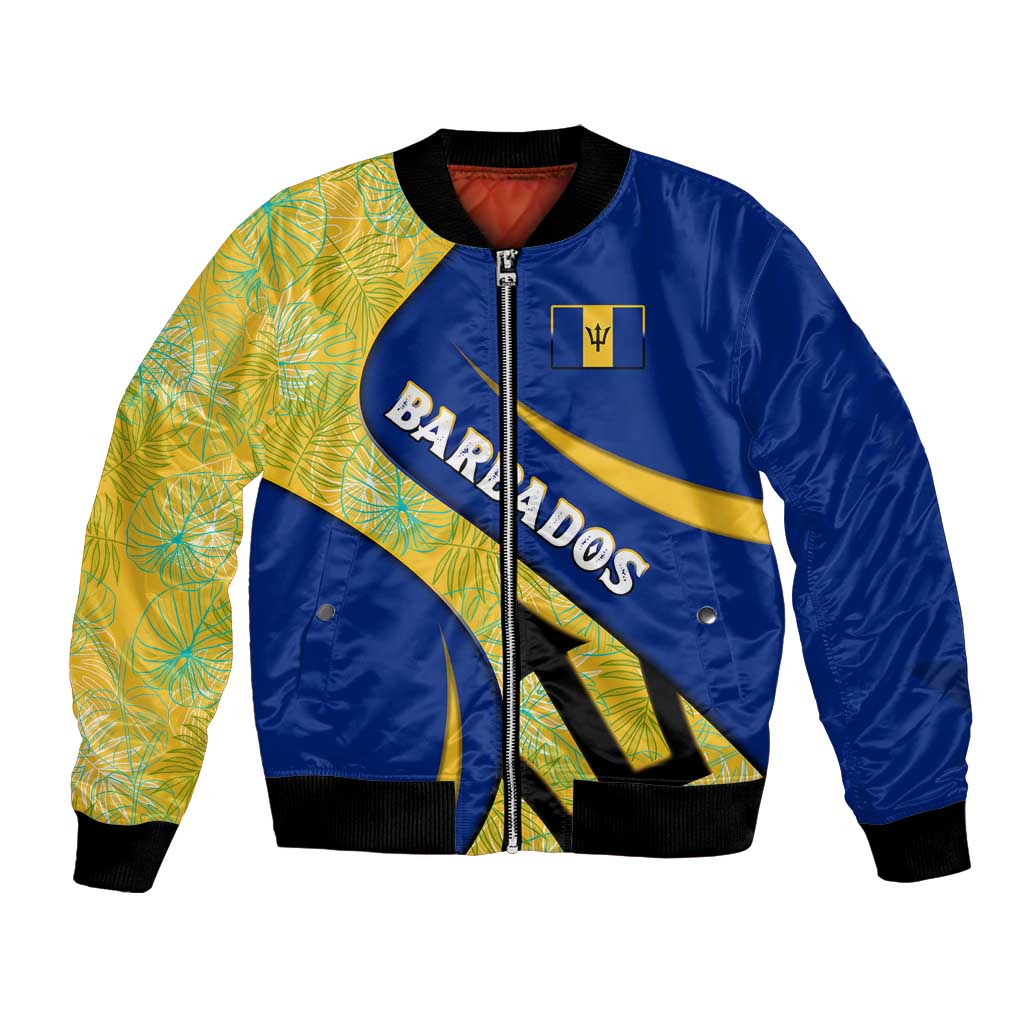 Barbados Flag Bomber Jacket Blue and Yellow with Trident and Tropical Leaf Pattern - Wonder Print Shop