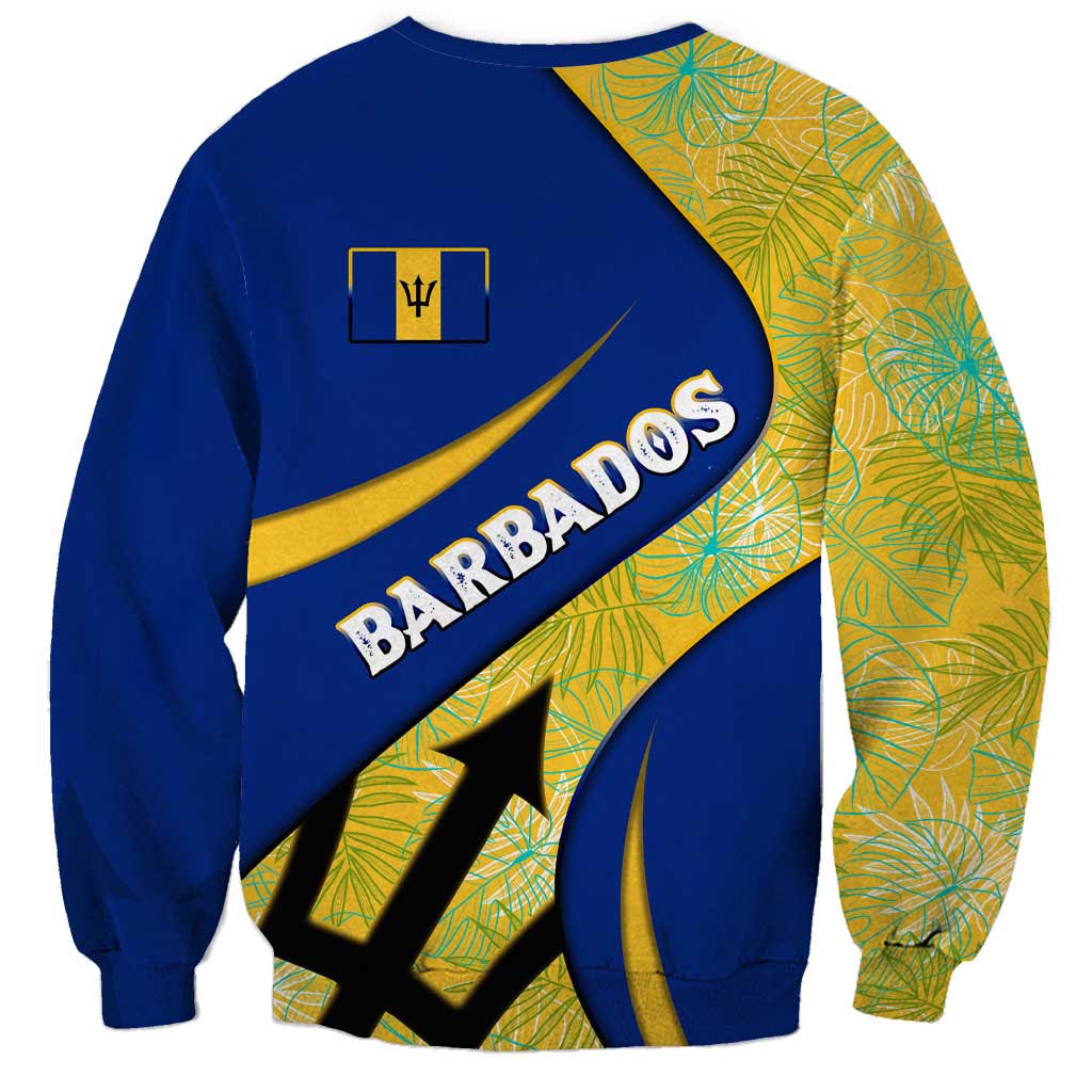 Barbados Flag Sweatshirt Blue and Yellow with Trident and Tropical Leaf Pattern - Wonder Print Shop
