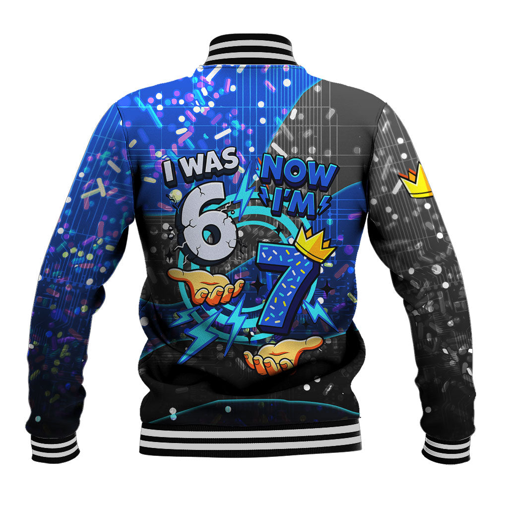 7th Birthday Boys Baseball Jacket I was 6 Now Im 7 Gaming And Tech Theme