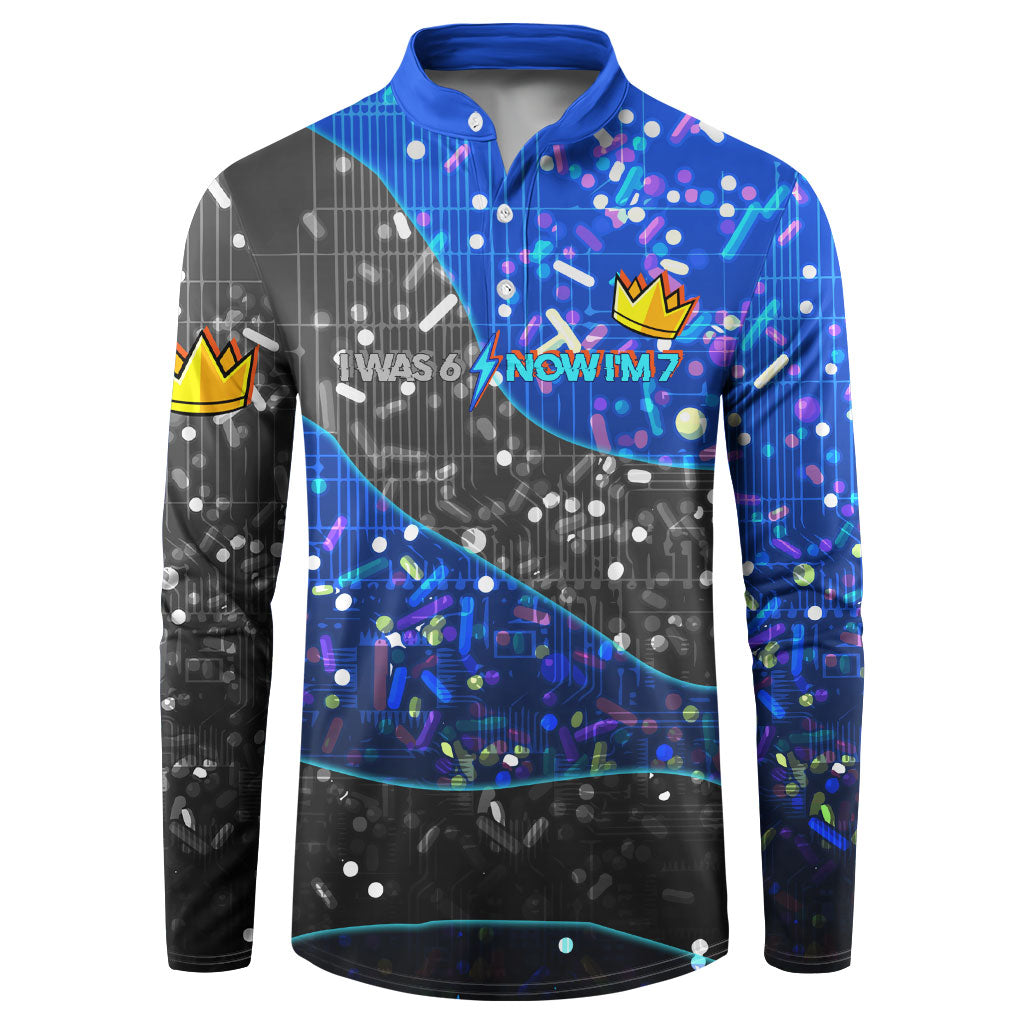 7th Birthday Boys Button Sweatshirt I was 6 Now Im 7 Gaming And Tech Theme