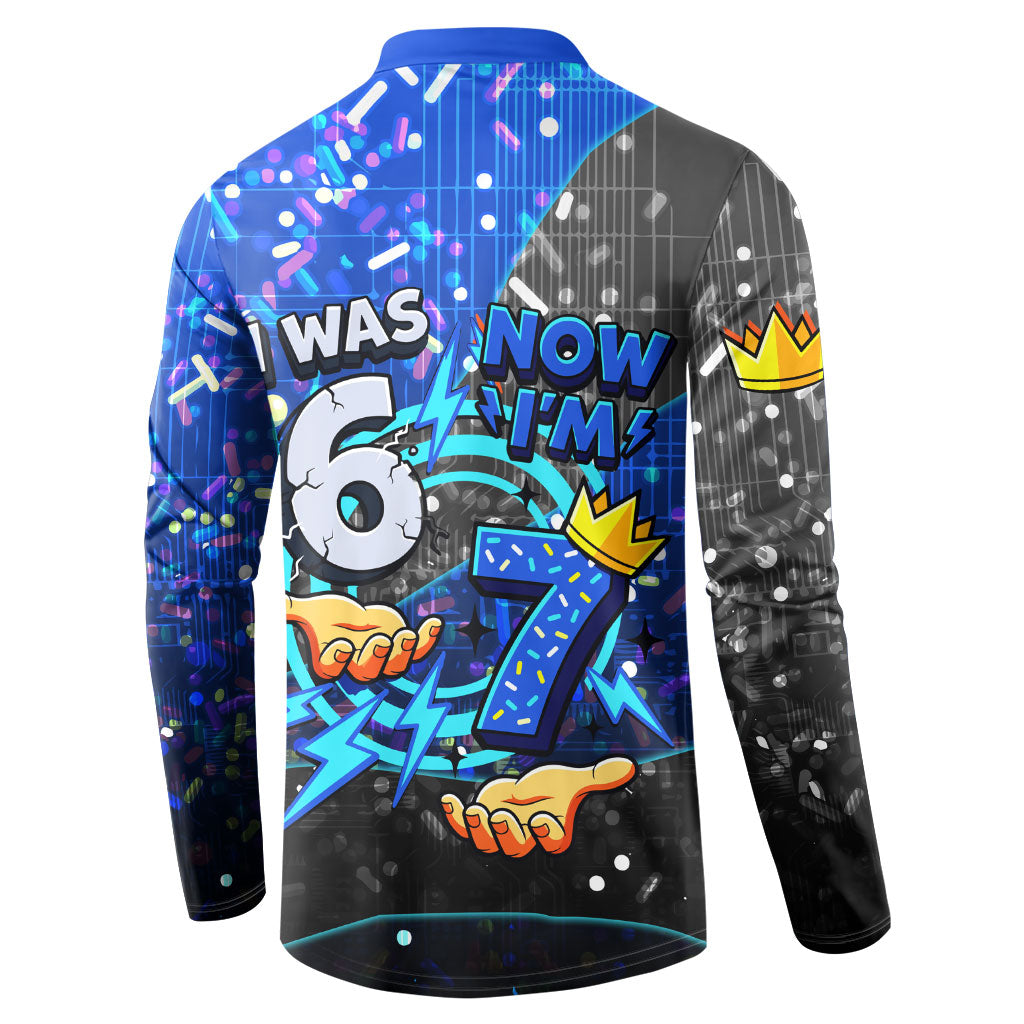7th Birthday Boys Button Sweatshirt I was 6 Now Im 7 Gaming And Tech Theme
