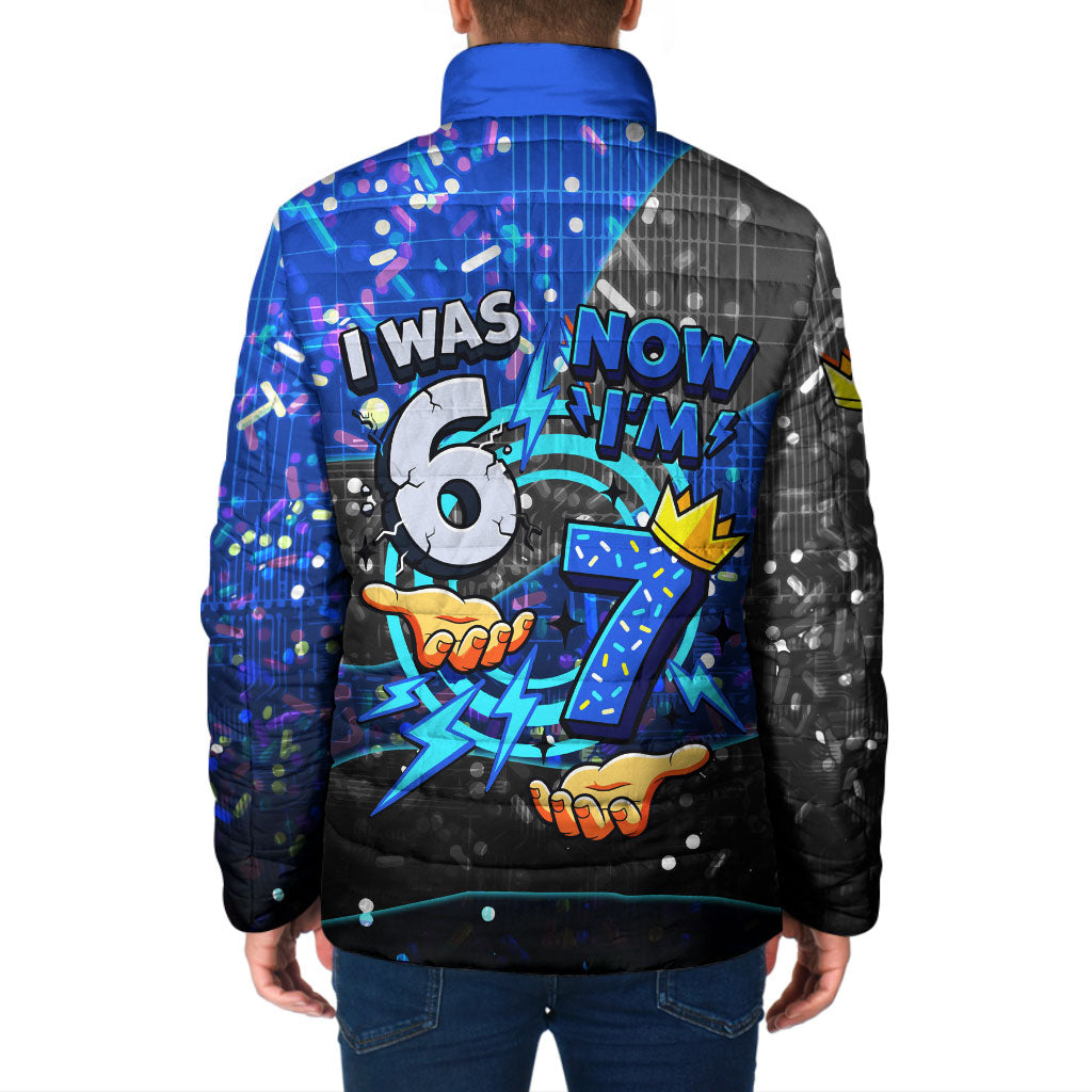 7th Birthday Boys Padded Jacket I was 6 Now Im 7 Gaming And Tech Theme