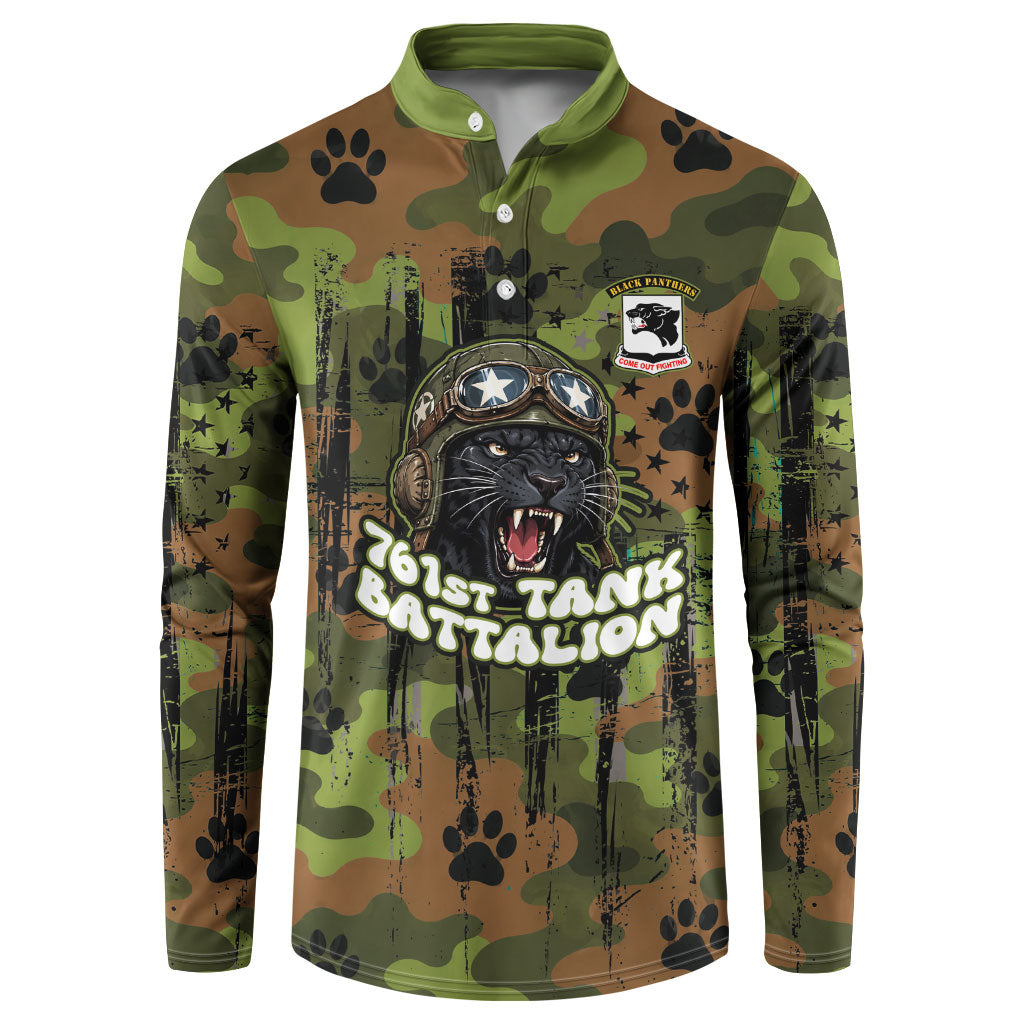 761st Tank Battalion African American Button Sweatshirt Black Panthers Cartoon Mascot - Military History Camouflage Paw