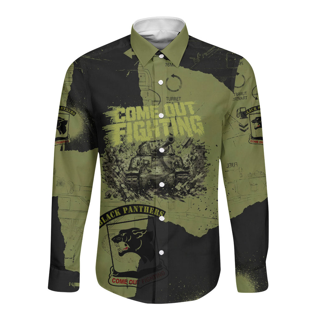 761st Tank Battalion Original Black Panthers Long Sleeve Button Shirt Come Out Fighting - Sherman Tank Military - Distressed Scratch