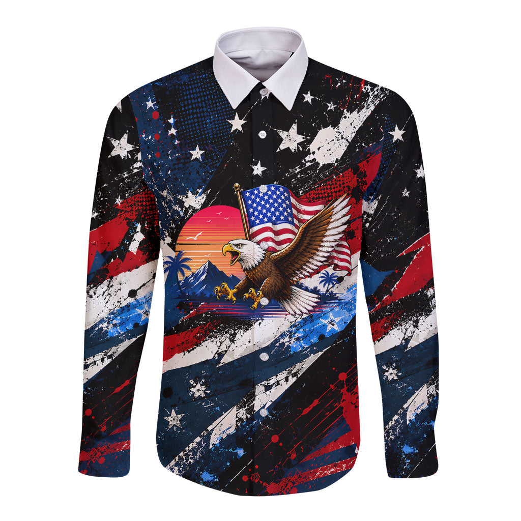 4th Of July WTF Is A Kilometer Patriotic Eagle Long Sleeve Button Shirt American Flag George Washington