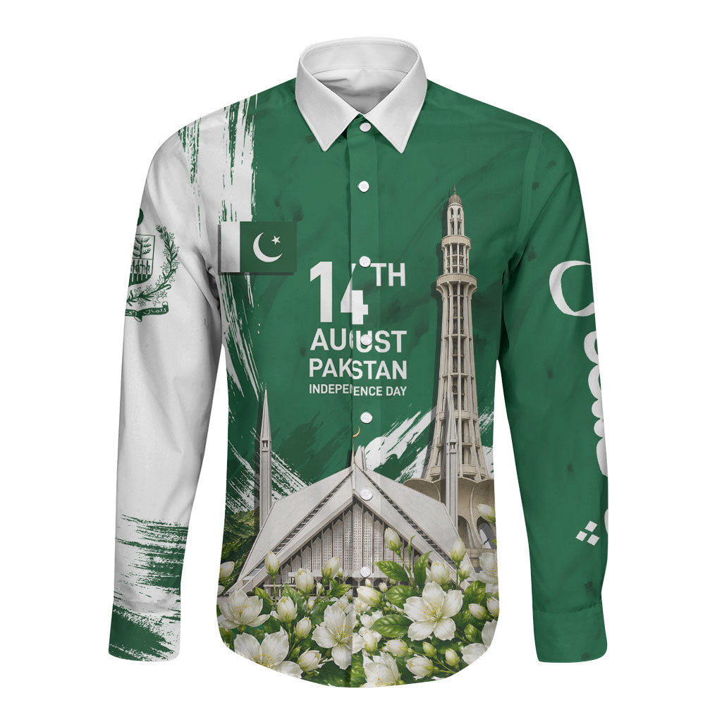 Pakistan Independence Day August 14 Long Sleeve Button Shirt Patriotic Markhor Heritage Landmarks And Jasmine