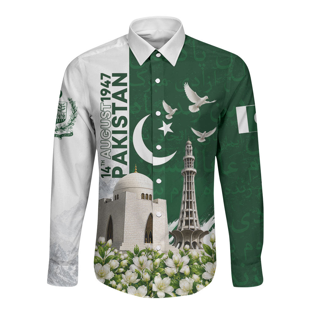 Pakistan Independence Day Long Sleeve Button Shirt Patriotic Soldier Heritage Landmarks And Jasmine