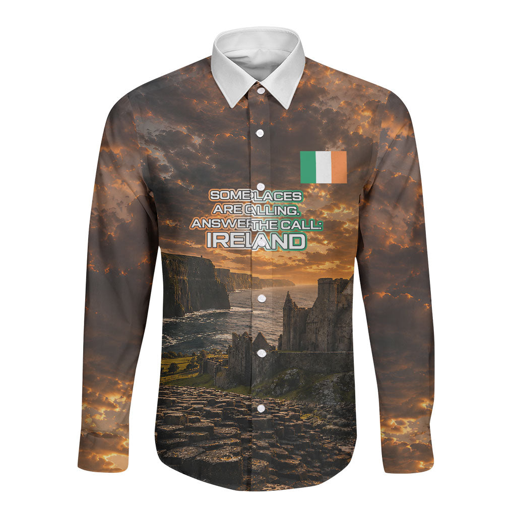 Ireland UFO Long Sleeve Button Shirt Irish Landscape Answer The Call