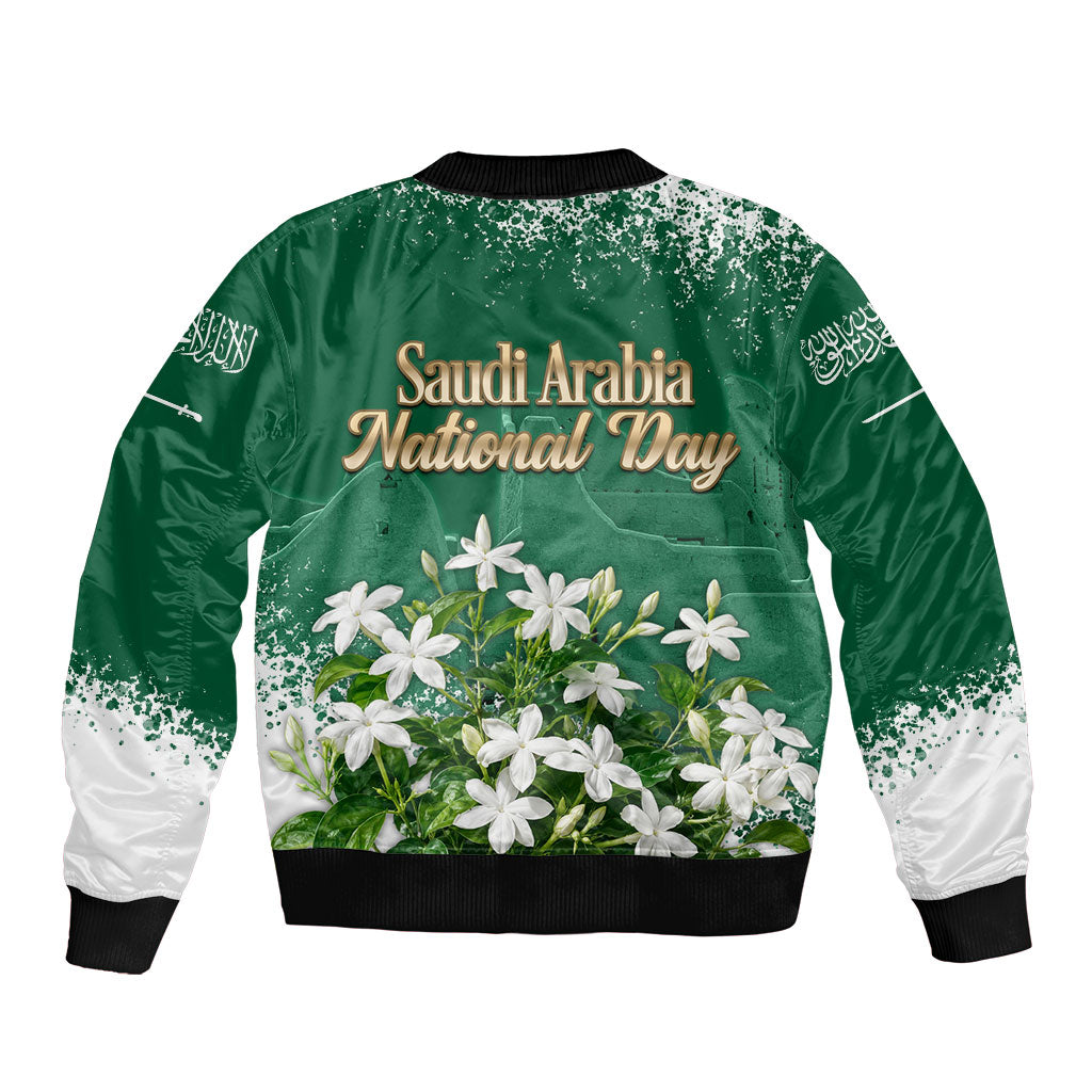 Saudi Arabia National Day Bomber Jacket White Jasmine Arabic Calligraphy Cultural Pride