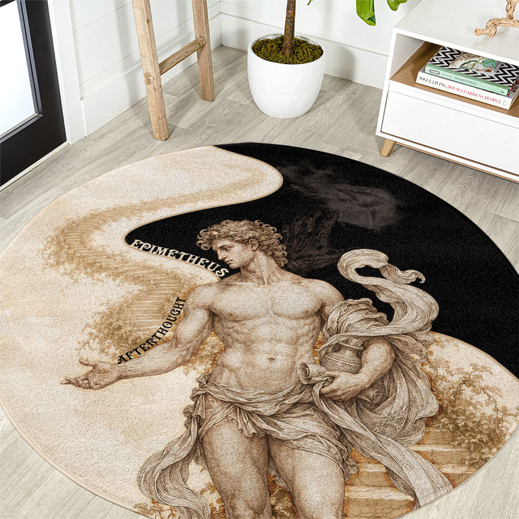 Epimetheus Greek Titan Mythology Round Carpet Classical Vintage Engraving Pencil Sketch Dark Academic