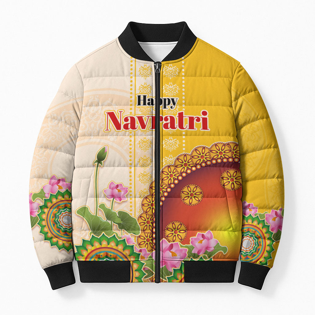 Happy Navratri Goddess Durga Maa Bomber Puffer Jacket Goddess Durga Lotus Flower Mandala Festival Art