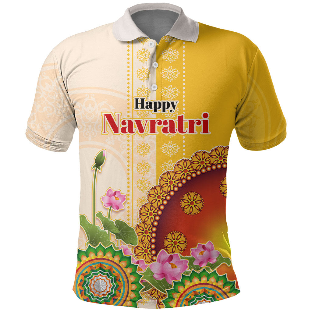 Happy Navratri Goddess Durga Maa Polo Shirt Goddess Durga Lotus Flower Mandala Festival Art