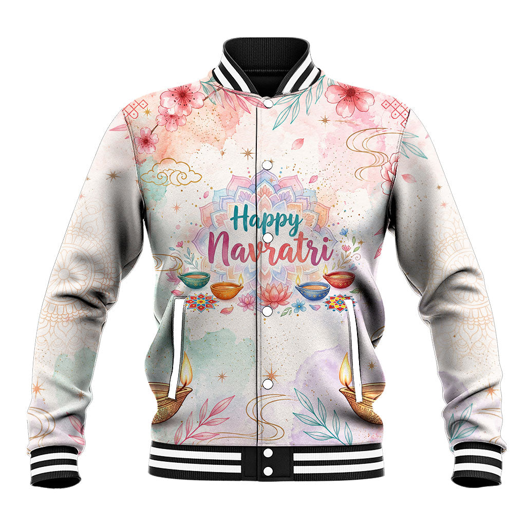 Happy Navratri Nine Nights Festival Baseball Jacket Goddess Durga Lion Diya Lamp Watercolor Art