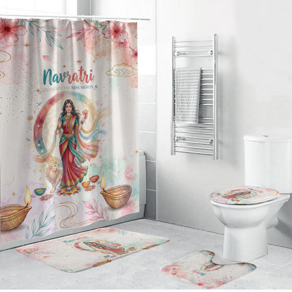 Happy Navratri Nine Nights Festival Bathroom Set Goddess Durga Lion Diya Lamp Watercolor Art