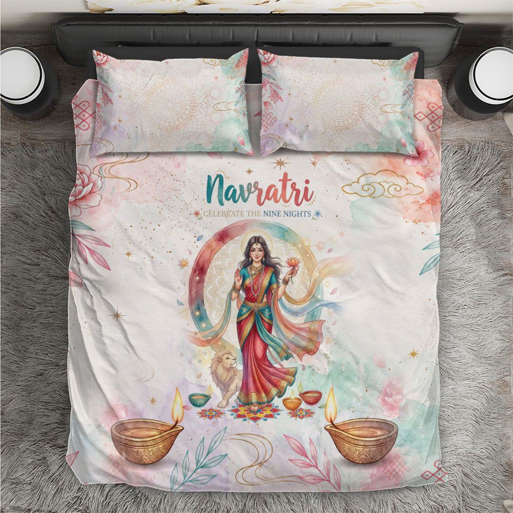 Happy Navratri Nine Nights Festival Bedding Set Goddess Durga Lion Diya Lamp Watercolor Art