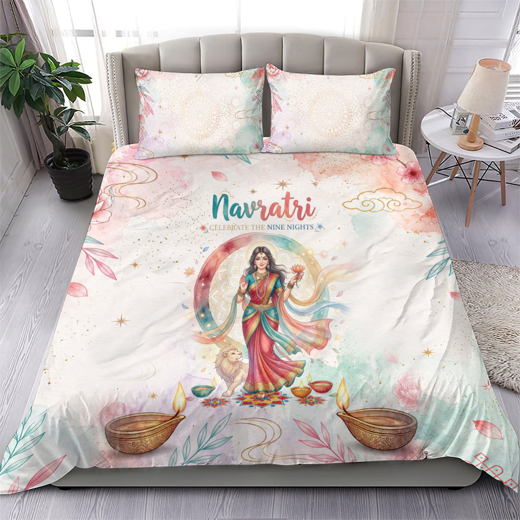 Happy Navratri Nine Nights Festival Bedding Set Goddess Durga Lion Diya Lamp Watercolor Art