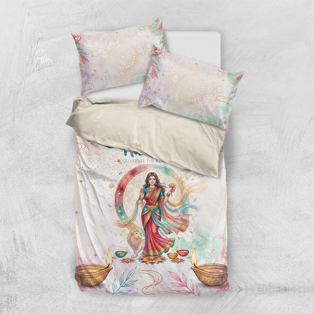 Happy Navratri Nine Nights Festival Bedding Set Goddess Durga Lion Diya Lamp Watercolor Art