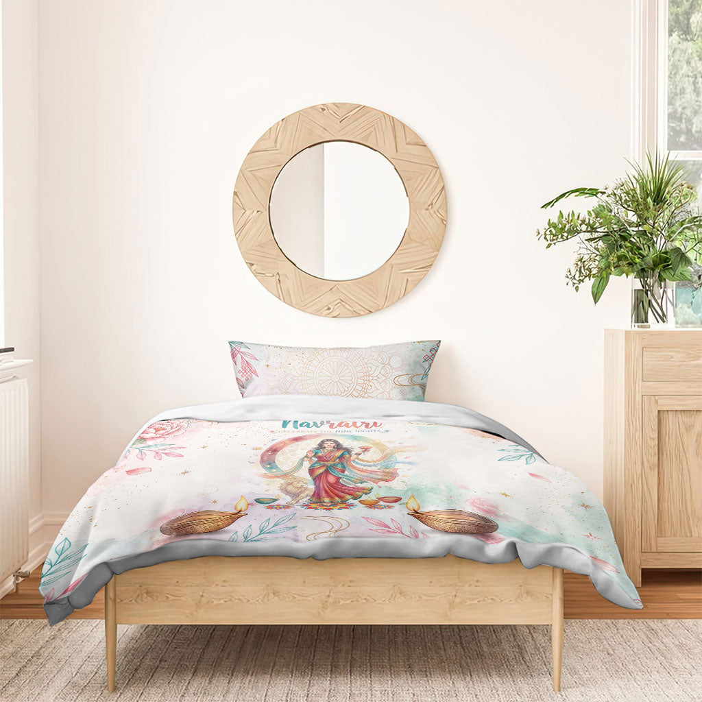 Happy Navratri Nine Nights Festival Bedding Set Goddess Durga Lion Diya Lamp Watercolor Art