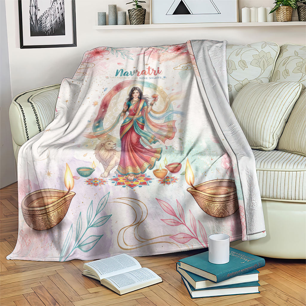Happy Navratri Nine Nights Festival Blanket Goddess Durga Lion Diya Lamp Watercolor Art