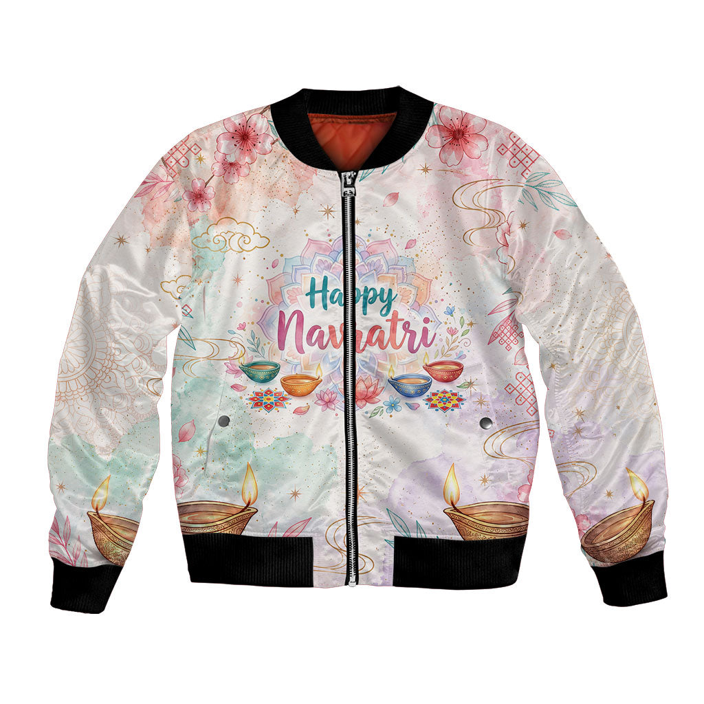 Happy Navratri Nine Nights Festival Bomber Jacket Goddess Durga Lion Diya Lamp Watercolor Art