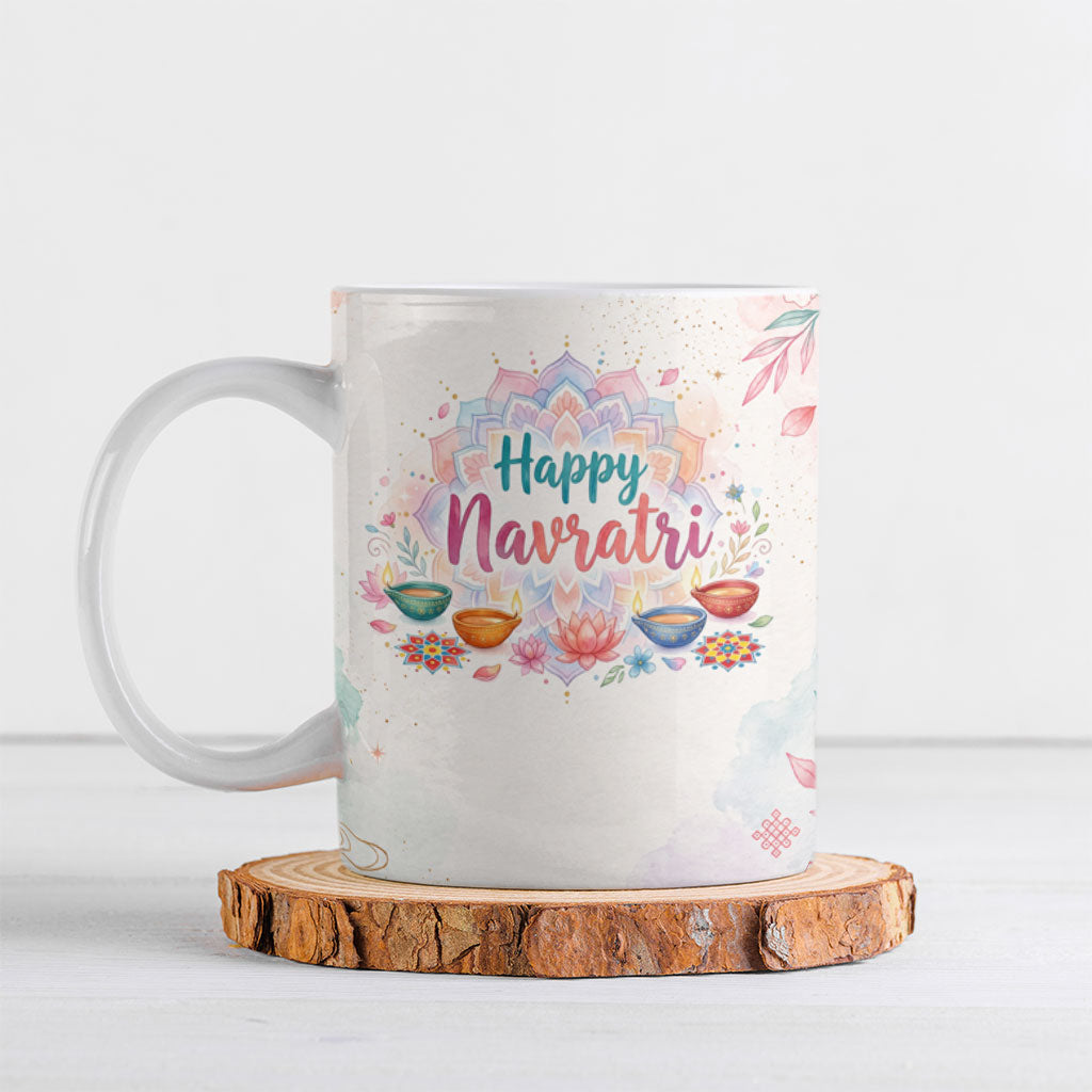 Happy Navratri Nine Nights Festival Ceramic Mug Goddess Durga Lion Diya Lamp Watercolor Art