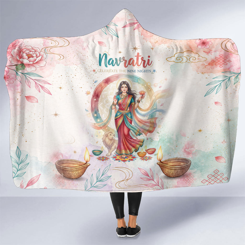Happy Navratri Nine Nights Festival Hooded Blanket Goddess Durga Lion Diya Lamp Watercolor Art