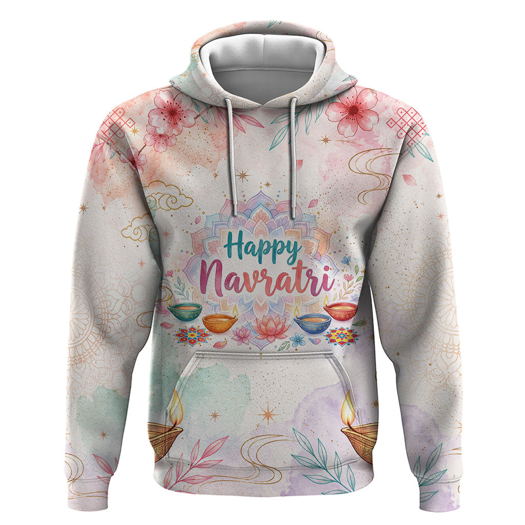 Happy Navratri Nine Nights Festival Hoodie Goddess Durga Lion Diya Lamp Watercolor Art