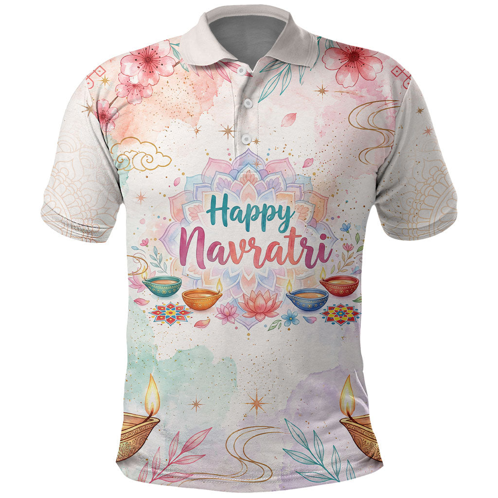Happy Navratri Nine Nights Festival Polo Shirt Goddess Durga Lion Diya Lamp Watercolor Art