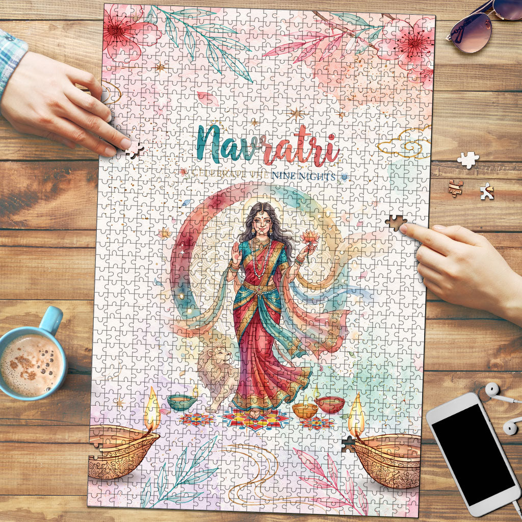 Happy Navratri Nine Nights Festival Puzzle Goddess Durga Lion Diya Lamp Watercolor Art