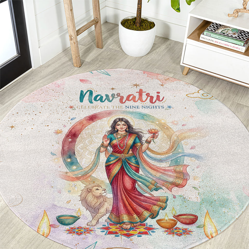 Happy Navratri Nine Nights Festival Round Carpet Goddess Durga Lion Diya Lamp Watercolor Art