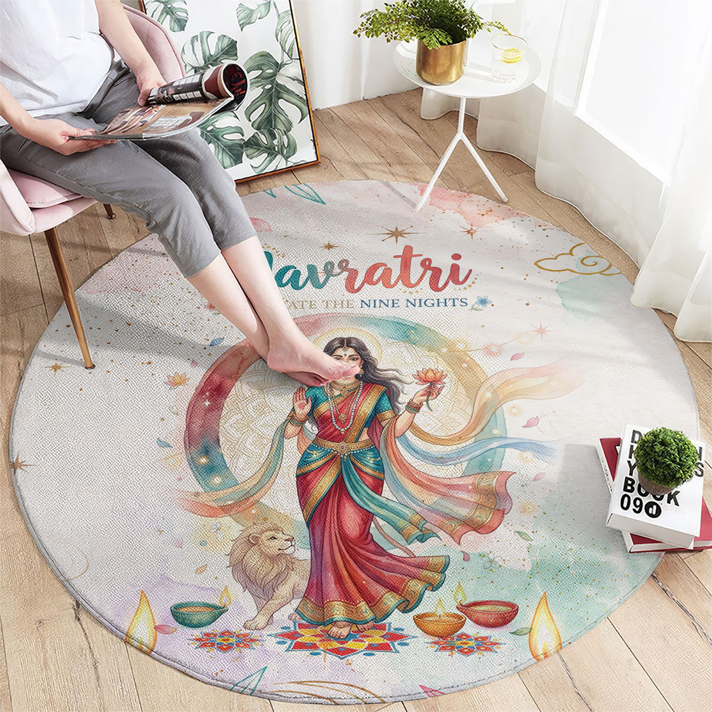Happy Navratri Nine Nights Festival Round Carpet Goddess Durga Lion Diya Lamp Watercolor Art
