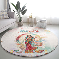 Happy Navratri Nine Nights Festival Round Carpet Goddess Durga Lion Diya Lamp Watercolor Art