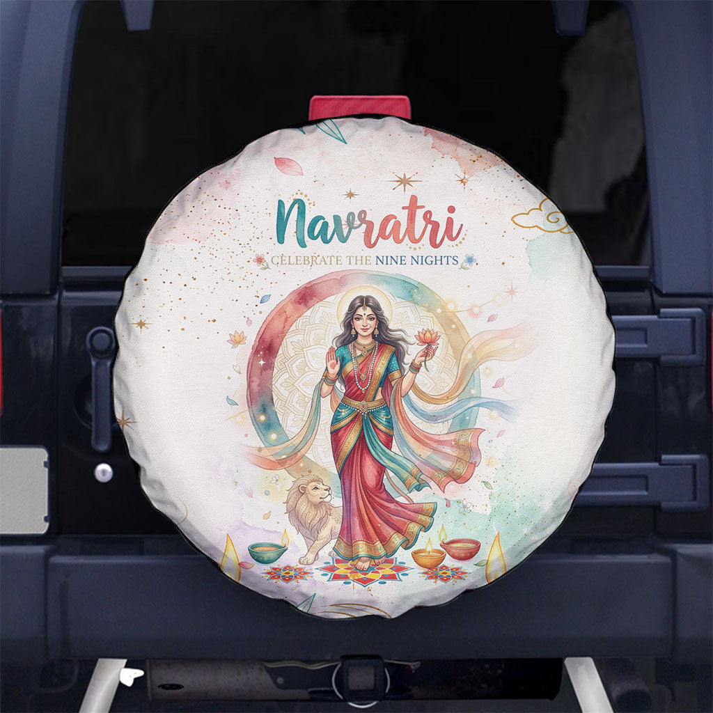 Happy Navratri Nine Nights Festival Spare Tire Cover Goddess Durga Lion Diya Lamp Watercolor Art